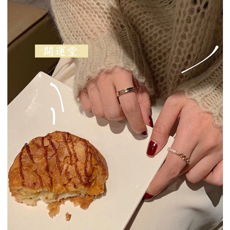 🔥現貨🔥戒圍5.5CM珍珠兩件套食指戒時尚個性素圈戒指女ins潮小眾設計輕奢簡約指環【開運堂】