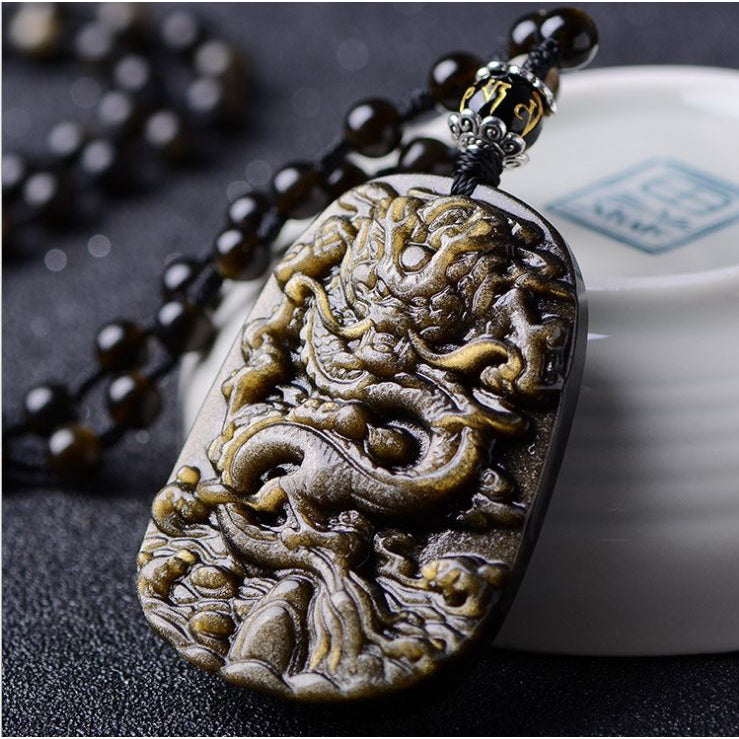 🔥現貨🔥天然金曜石手工雕刻龍牌避邪招財防小人復古送男友禮物天然黑曜石金曜石龍牌吊墜項鍊