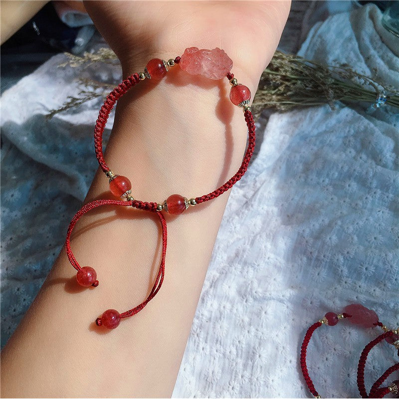 草莓晶【招財招正桃花】天然草莓晶貔貅手鍊飾品女手串鍍14K金款生日禮物閨蜜禮物交換禮物【開運堂】