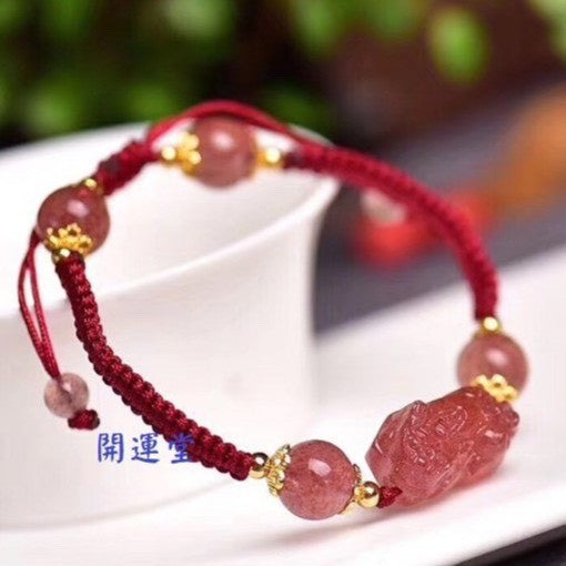 草莓晶【招財招正桃花】天然草莓晶貔貅手鍊飾品女手串鍍14K金款生日禮物閨蜜禮物交換禮物【開運堂】
