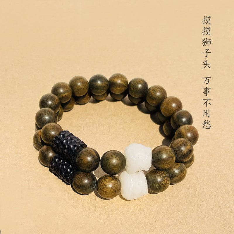 (B2381450)【醒獅】天然綠檀木菩提醒獅木雕黑檀木清冷感手串手鍊情侶復古風"飾品批發"