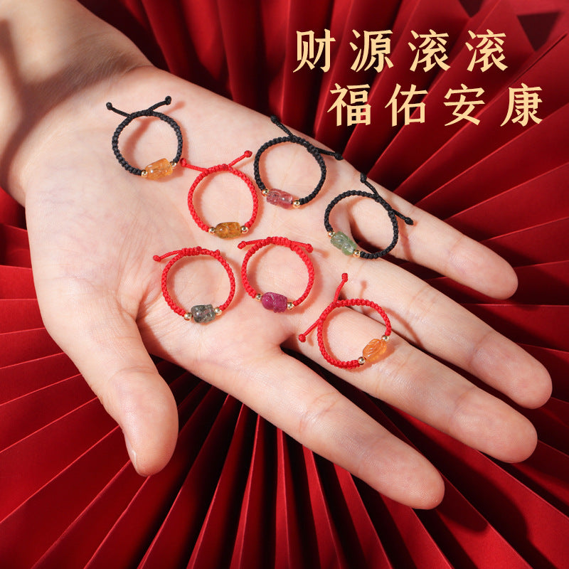 (B238336)S925銀天然糖果色碧璽貔貅戒指純手工編織抽拉式多圈口七夕節禮物(飾品批發)