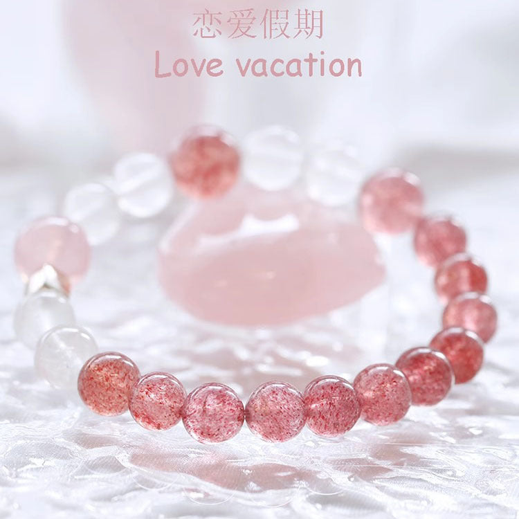 (B238818)天然草莓晶手鍊月光石高級感水晶串珠手串粉晶閨蜜手飾品女友禮物"飾品批發"