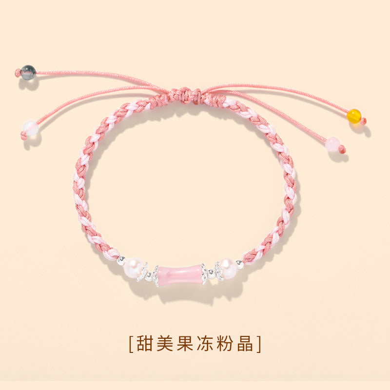 (B238334)節節高升天然草莓晶粉晶水晶竹節編織紅繩手鍊女生地攤七夕節手繩(飾品批發)