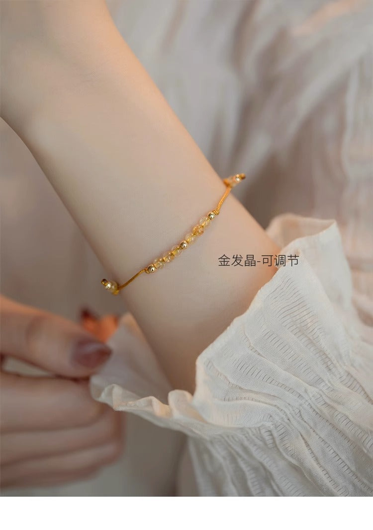 (B238203)黃水晶金髮晶天然石招財金珠小眾設計禮物14k金輕奢疊戴手鍊女