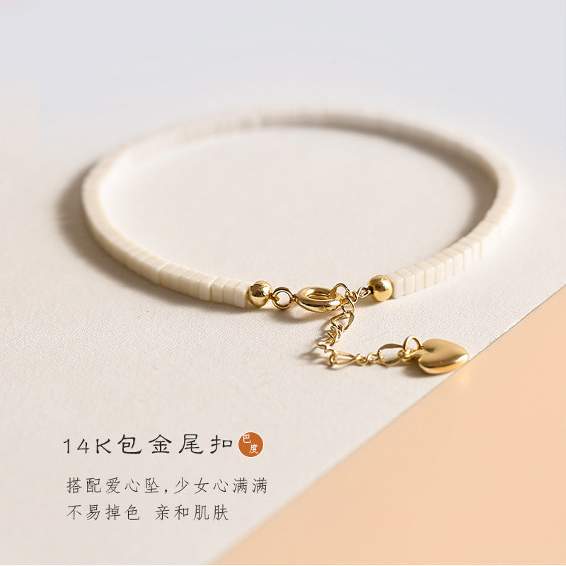 極細優化白玉石手鍊復古K金清新淺白色女小眾古風手串復古風B23922-7"手串批發"