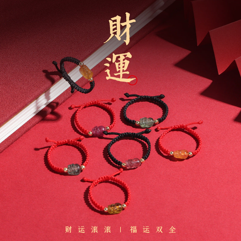 (B238336)S925銀天然糖果色碧璽貔貅戒指純手工編織抽拉式多圈口七夕節禮物(飾品批發)
