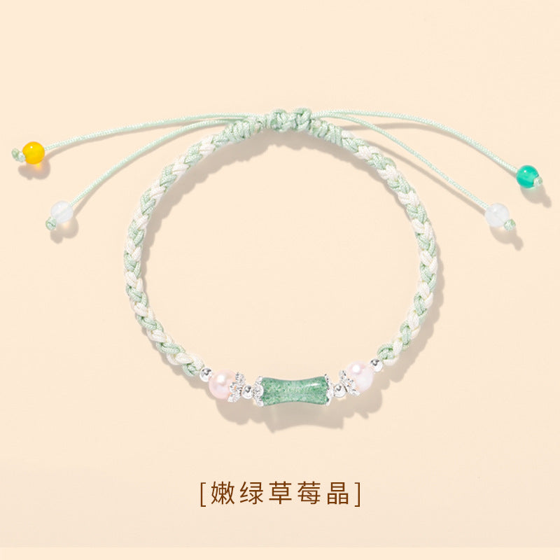 (B238334)節節高升天然草莓晶粉晶水晶竹節編織紅繩手鍊女生地攤七夕節手繩(飾品批發)