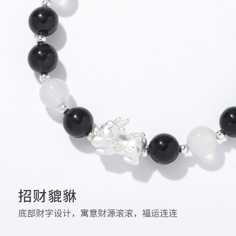 (B238308)天然黑曜石草莓晶水晶手鍊女情侶款貔貅串珠手串中國風氣質手飾品