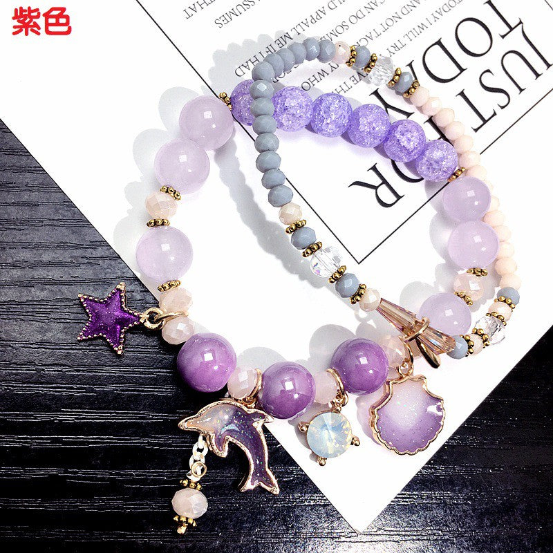 🔥現貨🔥韓國少女心雙層爆花紫色水晶星星韓版學生串珠手串手飾海豚手鍊【開運堂】