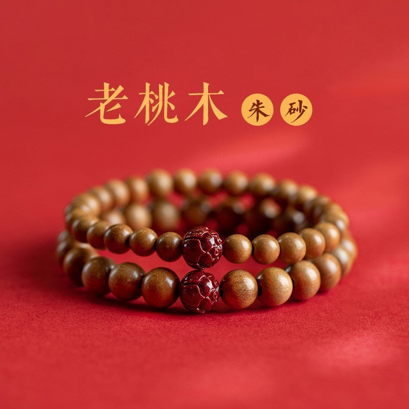 🔥現貨🔥【老桃木硃砂】文藝復古男女蓮花硃砂手串老桃木手串民族風本命年木首飾原創設計【飾品批發】