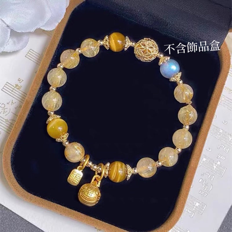現貨天然8mm金髮晶水晶月光石手鍊吞金獸黃髮晶手串【開運堂】