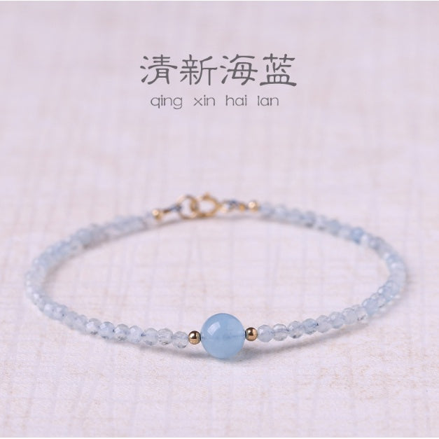 🔥現貨🔥【清新海藍】淡藍天然海藍寶手鍊女生小眾設計感閨蜜鍍１４ｋ簡約水晶手串蝦皮購物聖誕節情人節生日禮物
