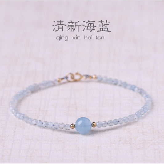 🔥現貨🔥【清新海藍】淡藍天然海藍寶手鍊女生小眾設計感閨蜜鍍１４ｋ簡約水晶手串蝦皮購物聖誕節情人節生日禮物