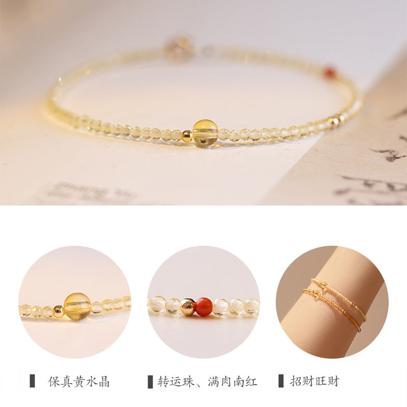 🔥現貨🔥【一夜暴富黃水晶】２ＭＭ手鍊女14k轉運珠超細設計感小手鏈女友生日禮物（開運堂）