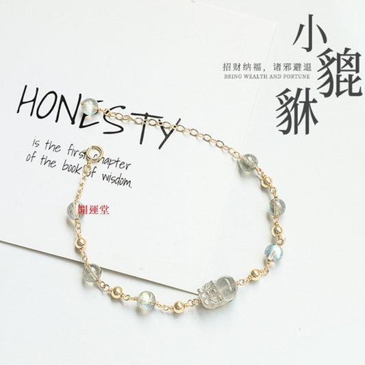 🔥現貨🔥【愛情＋事業】小貔貅天然灰月光石草莓晶時尚手鍊女款本命年１４Ｋ包金手串清新時尚好物推薦【開運堂】
