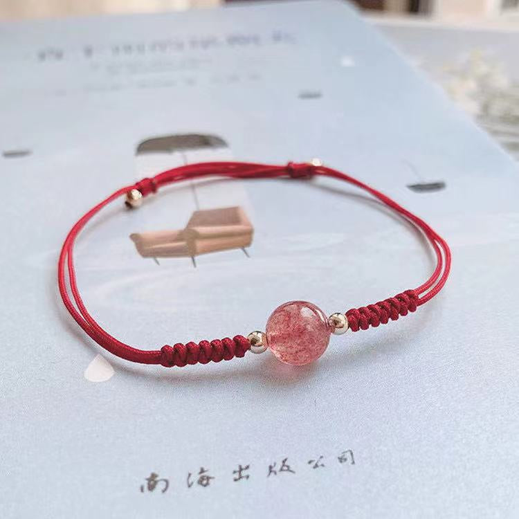 🔥現貨🔥【手鏈、腳鏈】草莓晶轉運珠鍍１４ｋ金腳鏈紅繩編織石榴石手串套裝女士款韓版學生禮物飾品【開運堂】