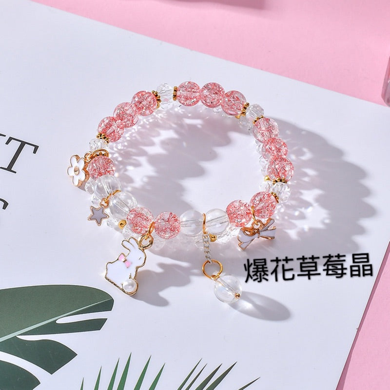 🔥現貨🔥新款爆花水晶串珠手鍊小兔子花朵可愛小清新單圈女士手串飾品【飾品批發】
