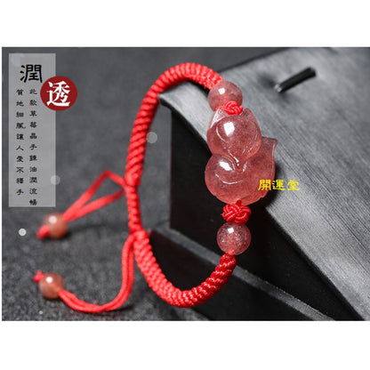 🔥現貨🔥【招正桃花 好姻緣】天然草莓晶狐仙手鍊編織繩女紅繩編織招桃花粉色水晶首飾可調式手鍊【開運堂】