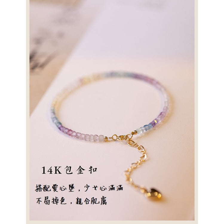 🔥現貨🔥極細2毫米彩虹螢石手鍊女旺夫石原石14k鍍金彩虹色春夏禮物【開運堂】