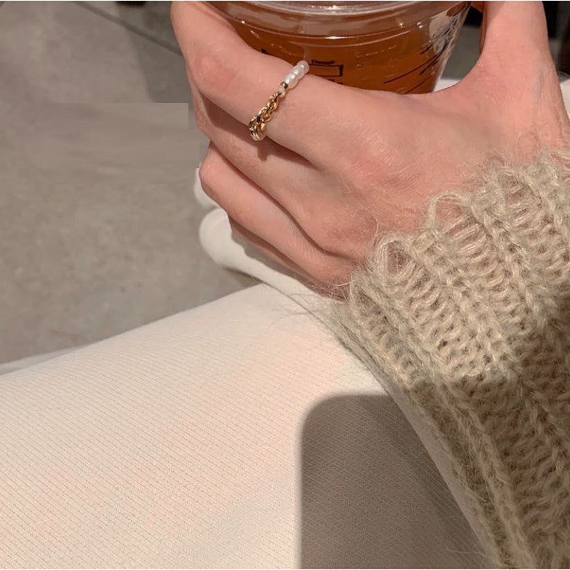 🔥現貨🔥戒圍５．５ＣＭ珍珠兩件套食指戒時尚個性素圈戒指女ins潮小眾設計輕奢簡約指環【開運堂】