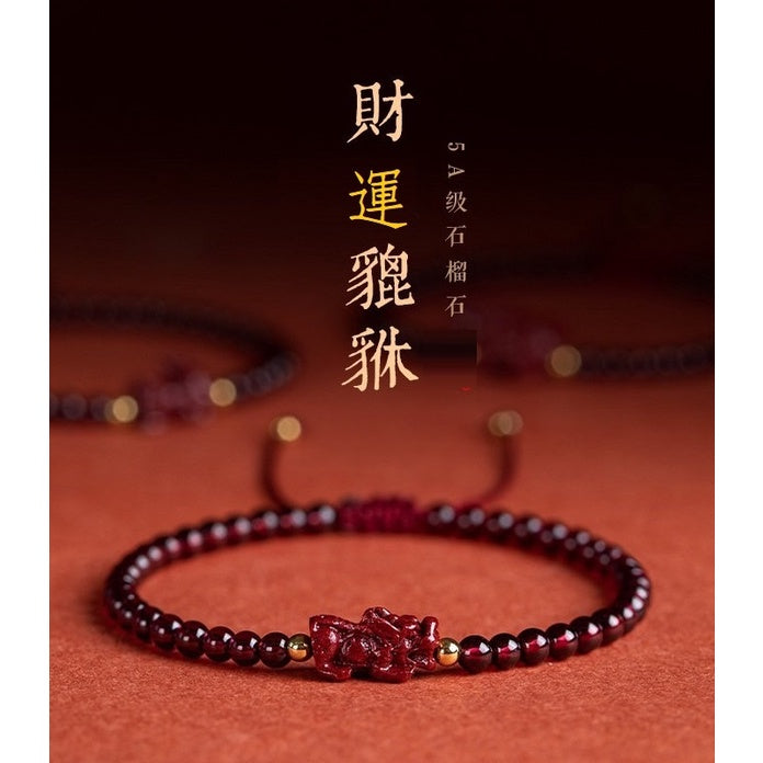 🔥現貨🔥天然7A級石榴石硃砂貔貅手鍊本命年原礦紫金砂生肖牛精巧女款手串"飾品批發"