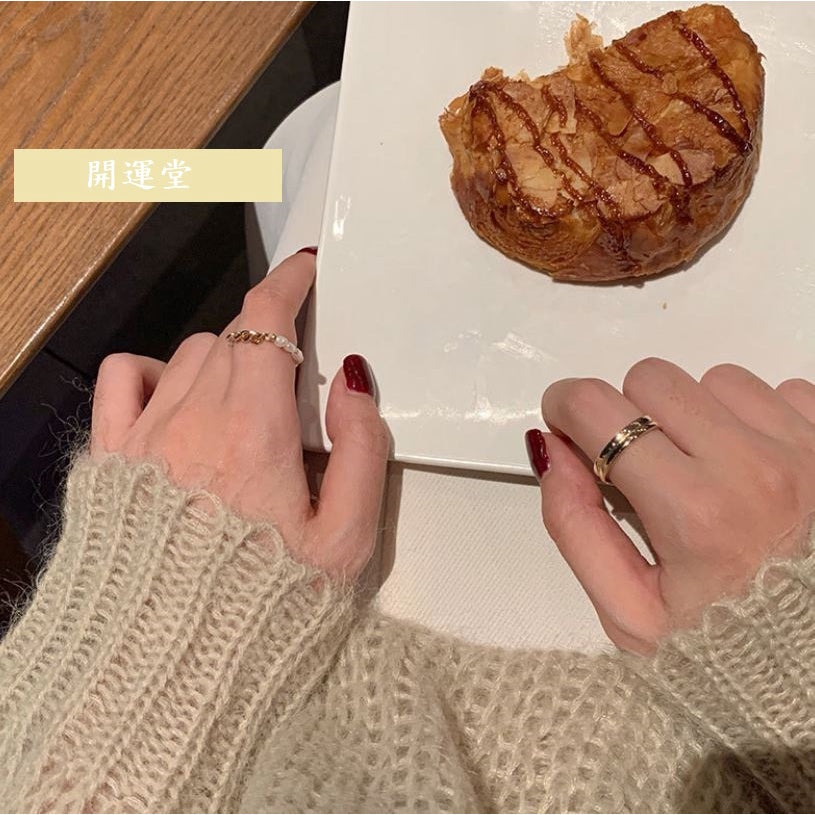 🔥現貨🔥戒圍５．５ＣＭ珍珠兩件套食指戒時尚個性素圈戒指女ins潮小眾設計輕奢簡約指環【開運堂】