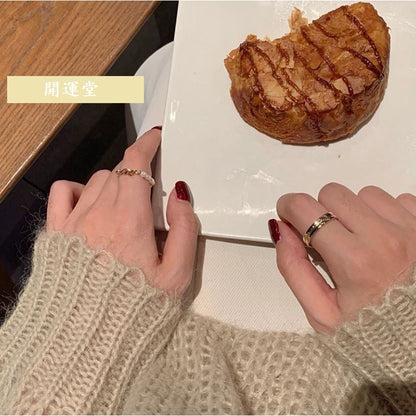 🔥現貨🔥戒圍５．５ＣＭ珍珠兩件套食指戒時尚個性素圈戒指女ins潮小眾設計輕奢簡約指環【開運堂】