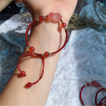 草莓晶【招財招正桃花】天然草莓晶貔貅手鍊飾品女手串鍍１４Ｋ金款生日禮物閨蜜禮物交換禮物【開運堂】