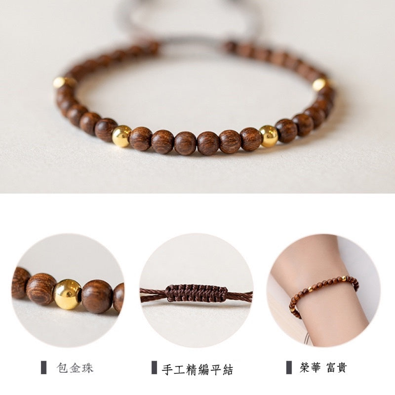 🔥現貨🔥【伽藍】４ＭＭ金絲檀木佛珠鍍１４Ｋ金珠手鏈手工飾品小禮物招財轉運珠女復古聖誕節情人節情侶【飾品批發】