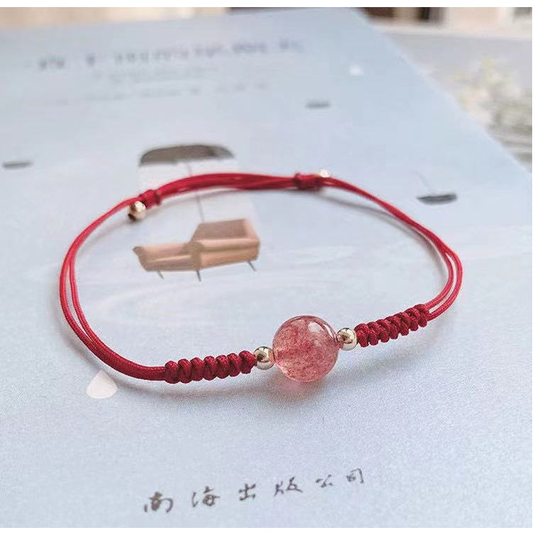 🔥現貨🔥【手鏈、腳鏈】草莓晶轉運珠鍍１４ｋ金腳鏈紅繩編織石榴石手串套裝女士款韓版學生禮物飾品【開運堂】