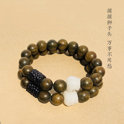 (B2381450)【醒獅】天然綠檀木菩提醒獅木雕黑檀木清冷感手串手鍊情侶復古風"飾品批發"