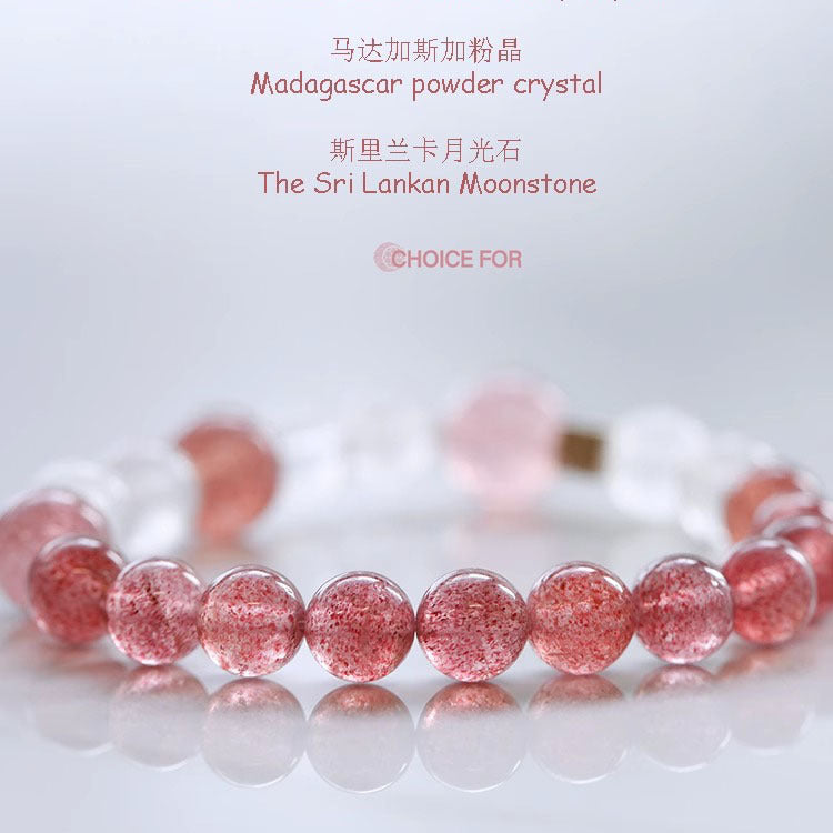 (B238818)天然草莓晶手鍊月光石高級感水晶串珠手串粉晶閨蜜手飾品女友禮物"飾品批發"