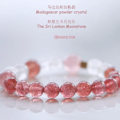 (B238818)天然草莓晶手鍊月光石高級感水晶串珠手串粉晶閨蜜手飾品女友禮物"飾品批發"