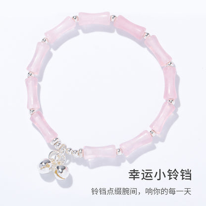 (B2383013)天然粉晶竹節疊戴式水晶手鍊福牌鈴鐺串珠手鍊新中式國風復古手飾