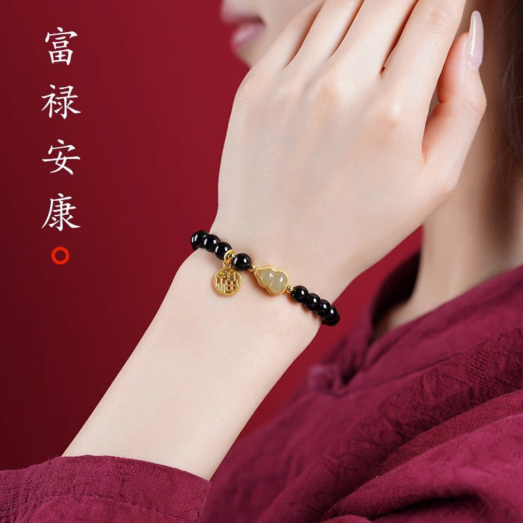 (B238809)天然黑曜石水晶手鍊和田玉葫蘆手串S925銀女生ins小眾設計女禮物"飾品批發"