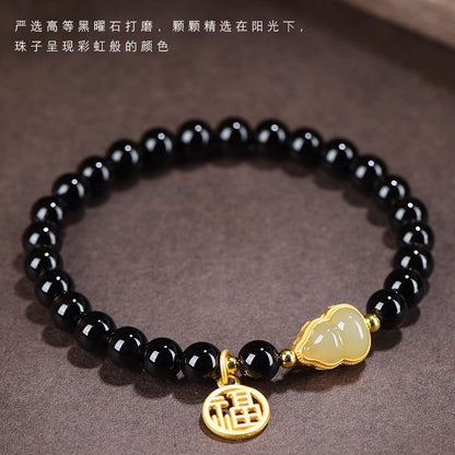 (B238809)天然黑曜石水晶手鍊和田玉葫蘆手串S925銀女生ins小眾設計女禮物"飾品批發"