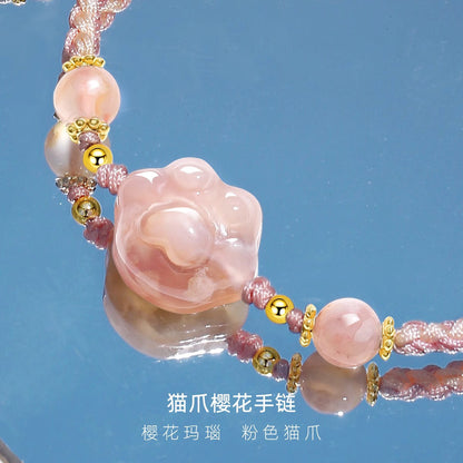 (B238342)七夕節櫻花瑪瑙可愛貓爪少女甜美春夏色系情侶手鍊小眾男女款手串(飾品批發)