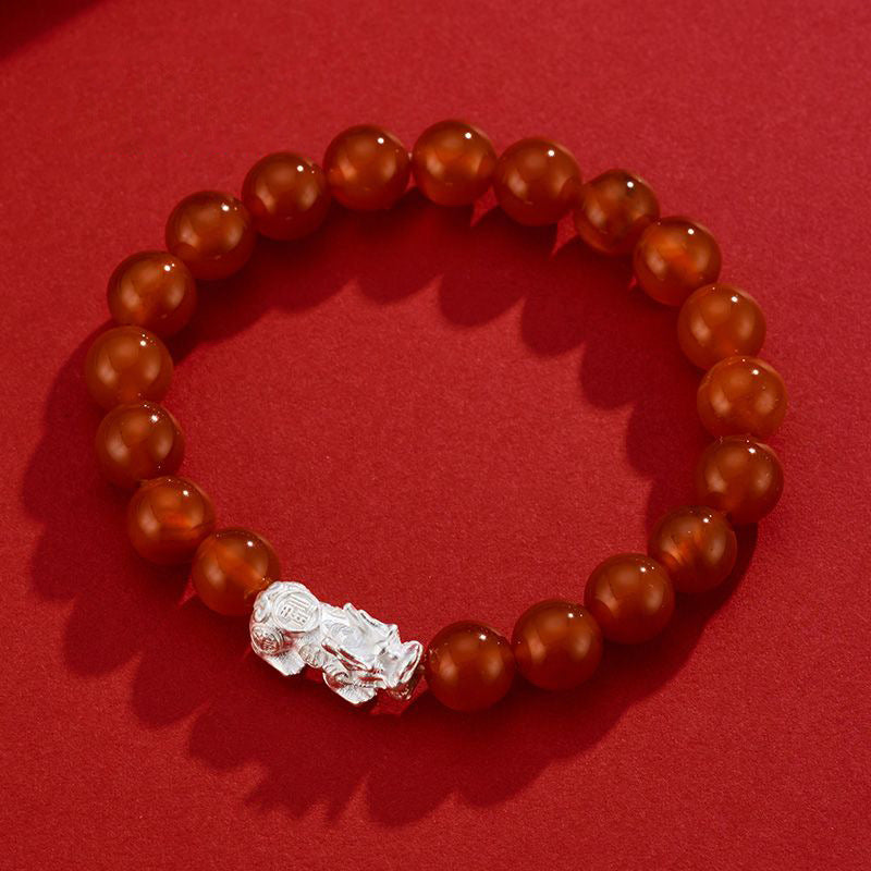 (B2381452)s925銀天然紅瑪瑙貔貅手串小眾設計高級感女生地攤手鍊送母親禮物"飾品批發"