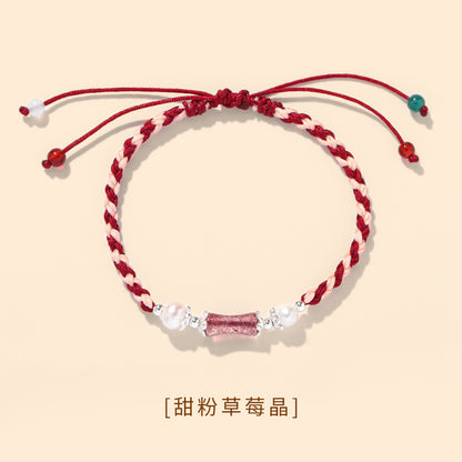(B238334)節節高升天然草莓晶粉晶水晶竹節編織紅繩手鍊女生地攤七夕節手繩(飾品批發)