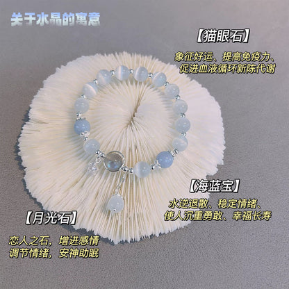 好運水逆退散原創設計貓眼石海藍寶月光石水晶女手鍊輕奢彈性手串B23922-4"手串批發"
