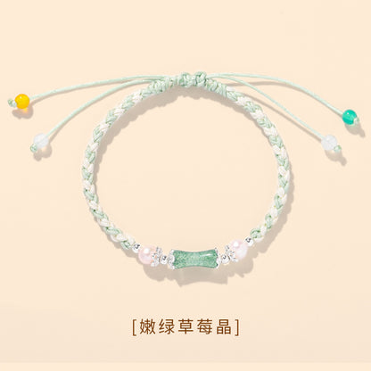 (B238334)節節高升天然草莓晶粉晶水晶竹節編織紅繩手鍊女生地攤七夕節手繩(飾品批發)