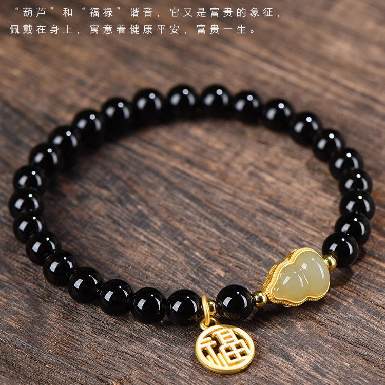 (B238809)天然黑曜石水晶手鍊和田玉葫蘆手串S925銀女生ins小眾設計女禮物"飾品批發"