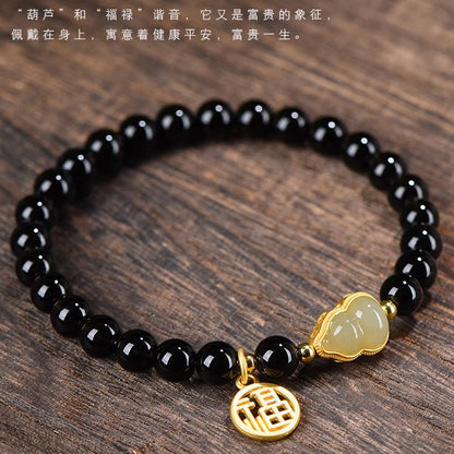 (B238809)天然黑曜石水晶手鍊和田玉葫蘆手串S925銀女生ins小眾設計女禮物"飾品批發"