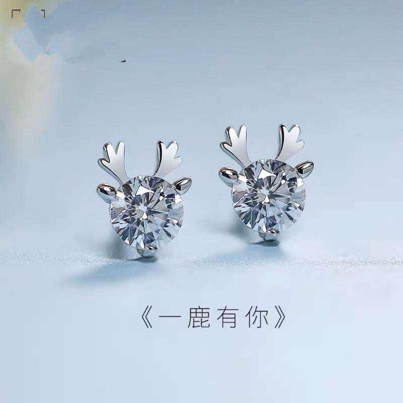 🔥現貨🔥 【一鹿有你耳釘】耳針耳環白金小麋鹿鋯石耳釘女鹿角耳環韓版氣質萌聖誕耳飾品【開運堂】
