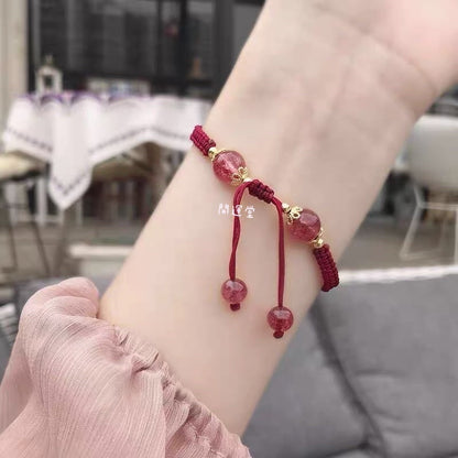 草莓晶【招財招正桃花】天然草莓晶貔貅手鍊飾品女手串鍍１４Ｋ金款生日禮物閨蜜禮物交換禮物【開運堂】