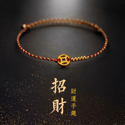 🔥現貨🔥 五路財神銅鍍金金錢幣手繩紅繩極細可調節手工編織手鍊高級感復古女飾