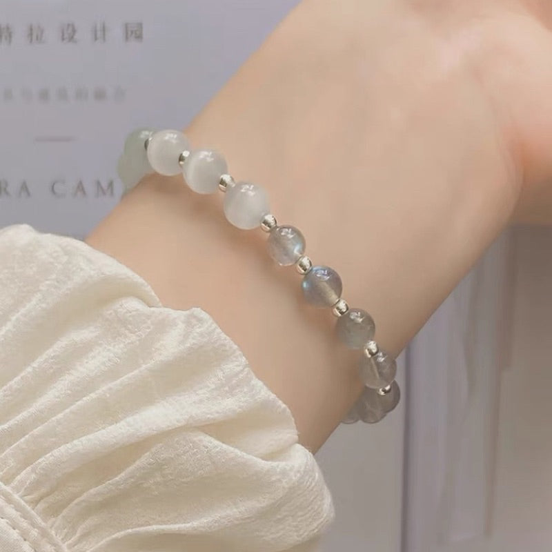現貨 秋冬新手鍊貓眼石天然灰月光石白水晶串珠手鍊女送女友閨蜜ins風飾品生日禮物