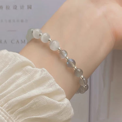 現貨 秋冬新手鍊貓眼石天然灰月光石白水晶串珠手鍊女送女友閨蜜ins風飾品生日禮物