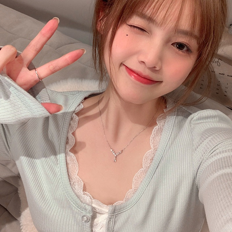 現貨閃閃字母V鋯石項鍊女輕奢小眾設計感滿天星鎖骨鏈鈦鋼【開運堂】(R2666)